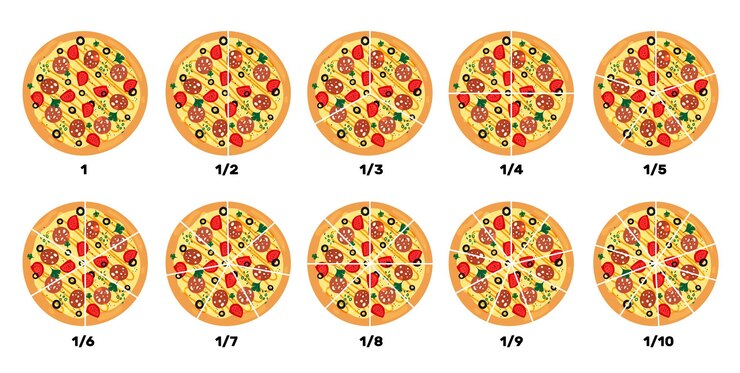 Vector pizza con fracciones piezas de alimentos cálculos matemáticos tasa de comida educación de los niños pepperoni entero diagrama de rebanadas de horneado cocina italiana restaurante de pizzería concepto vectorial