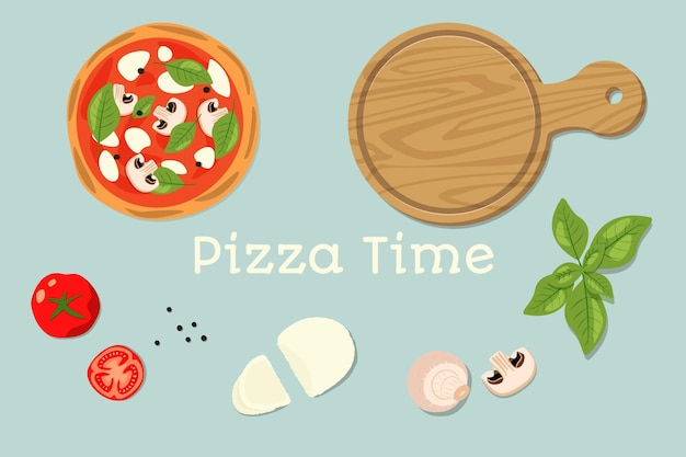 Pizza fresca con tomate, mozzarella, champiñones y albahaca Comida rápida italiana tradicional