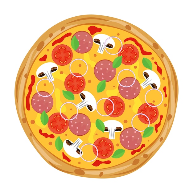 Pizza fresca con tomates queso champiñones salchicha cebolla albahaca Comida rápida italiana tradicional Vista superior comida Merienda europea Fondo blanco aislado EPS10 ilustración vectorial