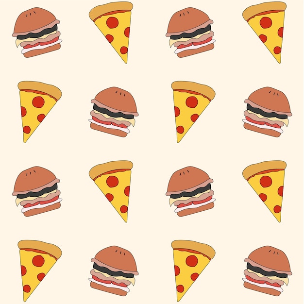 Vector pizza y hamburguesa o ilustración de vector de patrón de comida rápida conjunto de vector de pizza y hamburguesa de comida rápida