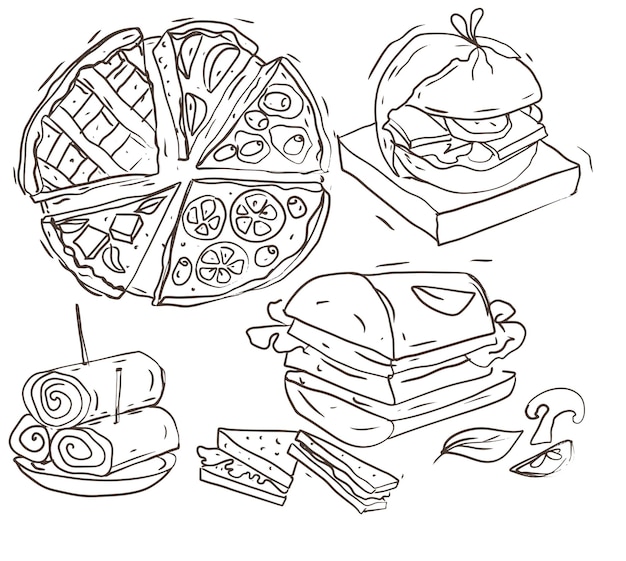 Vector pizza hamburguesa shawarma boceto dibujado a mano ilustración línea libro de colorear sobre fondo blanco