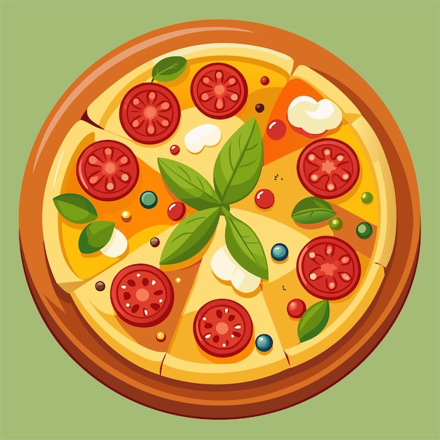 una pizza con una hoja verde y una rebanada de pizza en ella