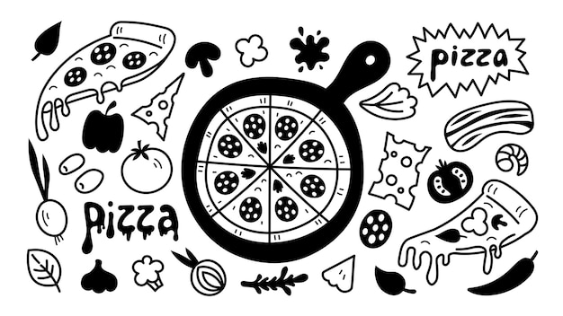 Pizza con ingredientes comida doodle set