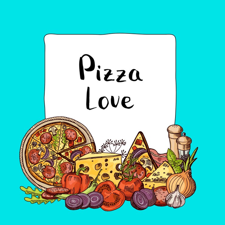 Vector pizza italiana bosquejó elementos apilados debajo del marco con lugar para texto