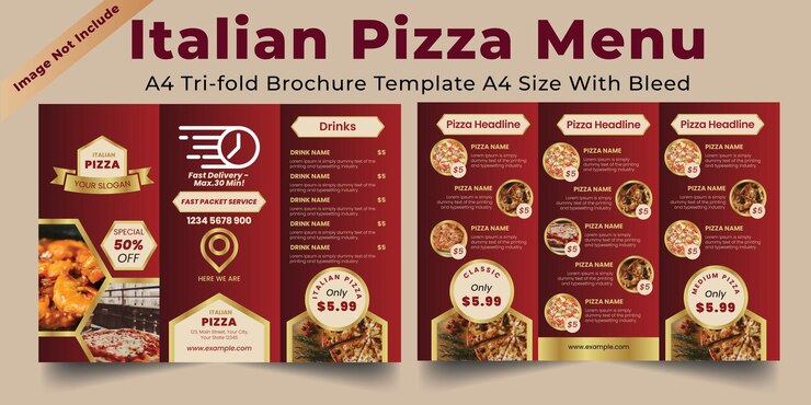 Vector pizza italiana comida y restaurante menú trifold a4 volante comida y bebida material de marketing anuncios