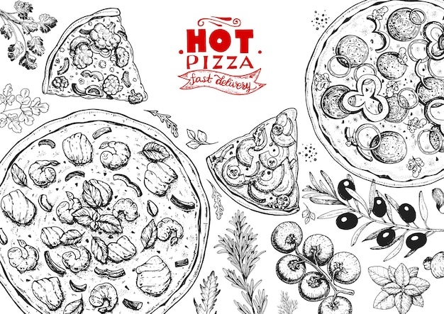 Pizza italiana e ingredientes marco de vista superior Plantilla de diseño de menú de comida italiana Ilustración de vector de boceto dibujado a mano vintage Ilustración de estilo grabado Etiqueta de pizza para menú