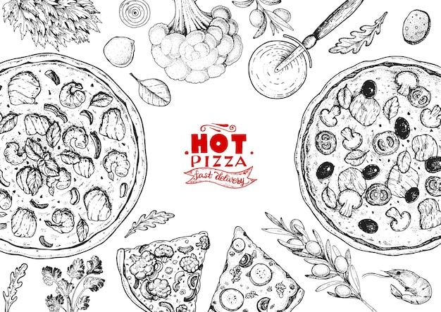 Pizza italiana e ingredientes marco de vista superior Plantilla de diseño de menú de comida italiana Ilustración de vector de boceto dibujado a mano vintage Ilustración de estilo grabado Etiqueta de pizza para menú