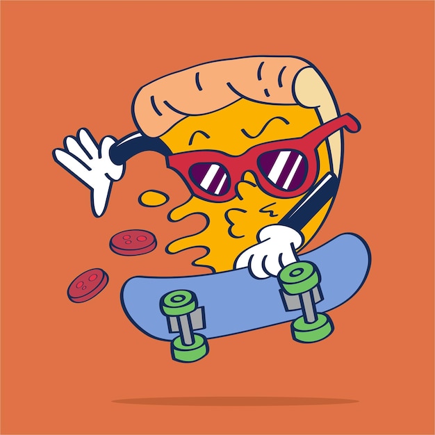 Vector pizza jugando patineta personaje de dibujos animados vector mano dibujo ilustración