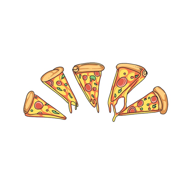 pizza, mano, dibujado, garabato, ilustraciones, vector, conjunto