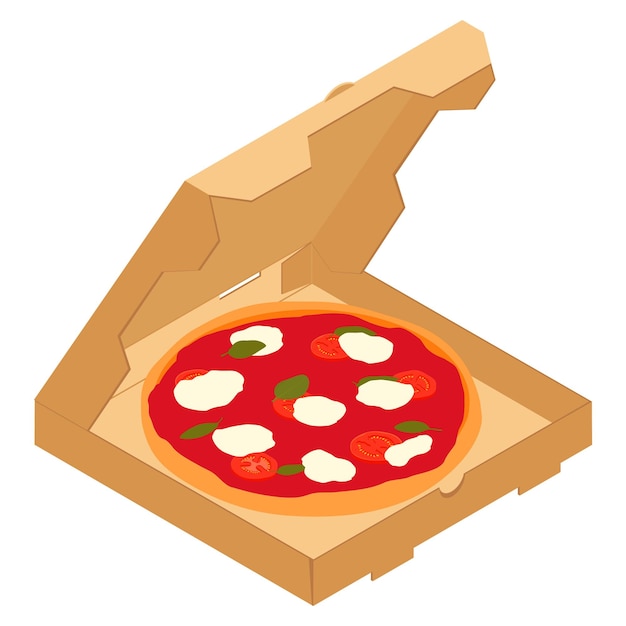 Pizza Margarita en una caja de cartón para restaurantes o pizzerías entrega vista isométrica Pizza Margarita con tomates albahaca y queso mozzarella Vector