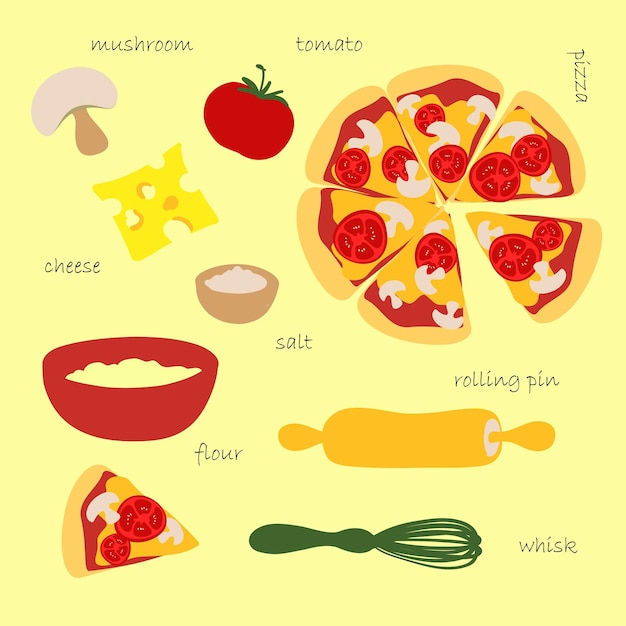 Pizza margarita receta vector ilustración ingredientes libro de cocina champiñones tomate