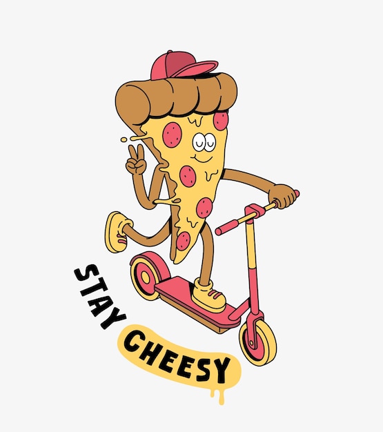 pizza montando un scooter de patada ilustración de dibujos animados retro