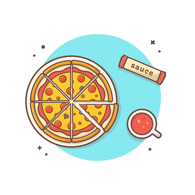 Pizza En Un Plato Con Soda Y Salsa Ilustración Vector Icono. Vista de ángulo superior. Concepto de icono de comida y bebida blanco aislado
