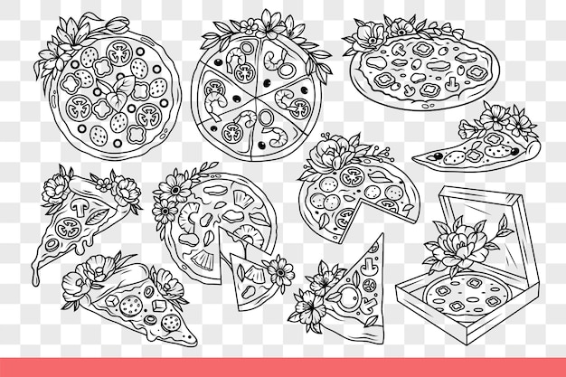 Pizza en proceso de preparación y entrega cerca del chef e ingredientes para la receta dibujado a mano