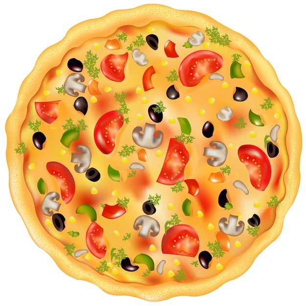 Pizza recién horneada con champiñones, tomates, aceitunas y pimientos, sobre blanco