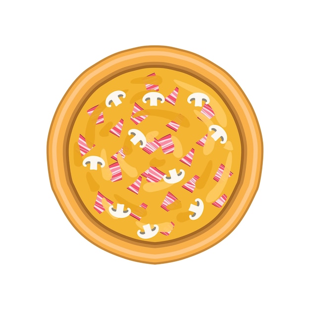 Vector pizza recién horneada con setas de jamón y queso vectorial de vista superior ilustración aislada sobre un fondo blanco