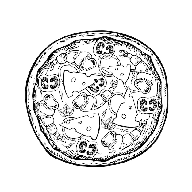 Pizza redonda con camarón y queso Gráficos vectoriales dibujados a mano ilustraciones en blanco y negro Aislado