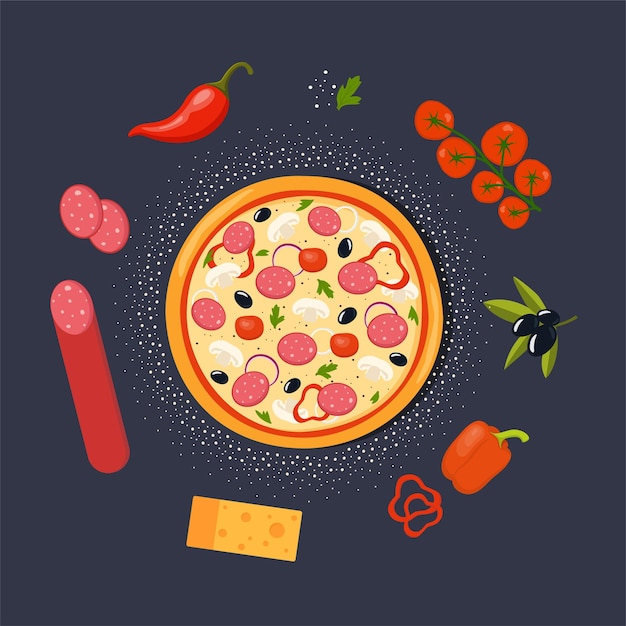 Pizza redonda fresca e ingredientes alrededor en fondo oscuro Pizza con salchicha de tomate queso oliva