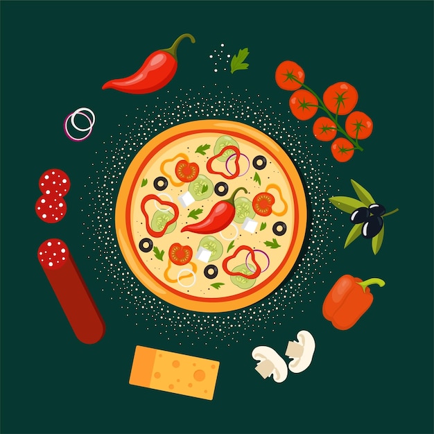 Pizza redonda fresca y ingredientes alrededor en fondo oscuro Pizza con tomate queso oliva
