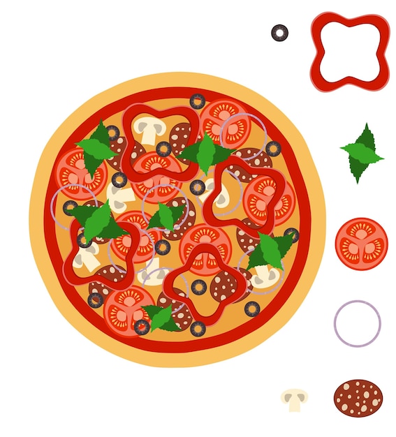 pizza redonda grande con queso, tomate, salami, oliva, champiñón, cebolla, ilustración vectorial de stock