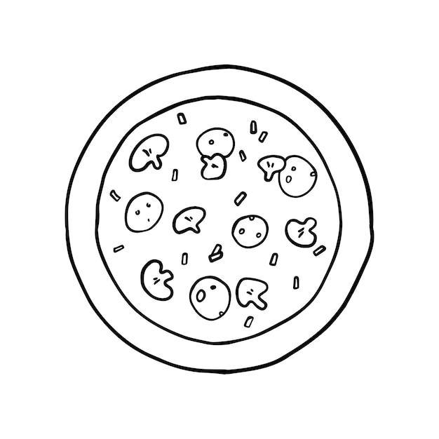 Pizza redonda con salchichas, champiñones y hierbas, comida rápida, doodle, dibujos animados lineales para colorear