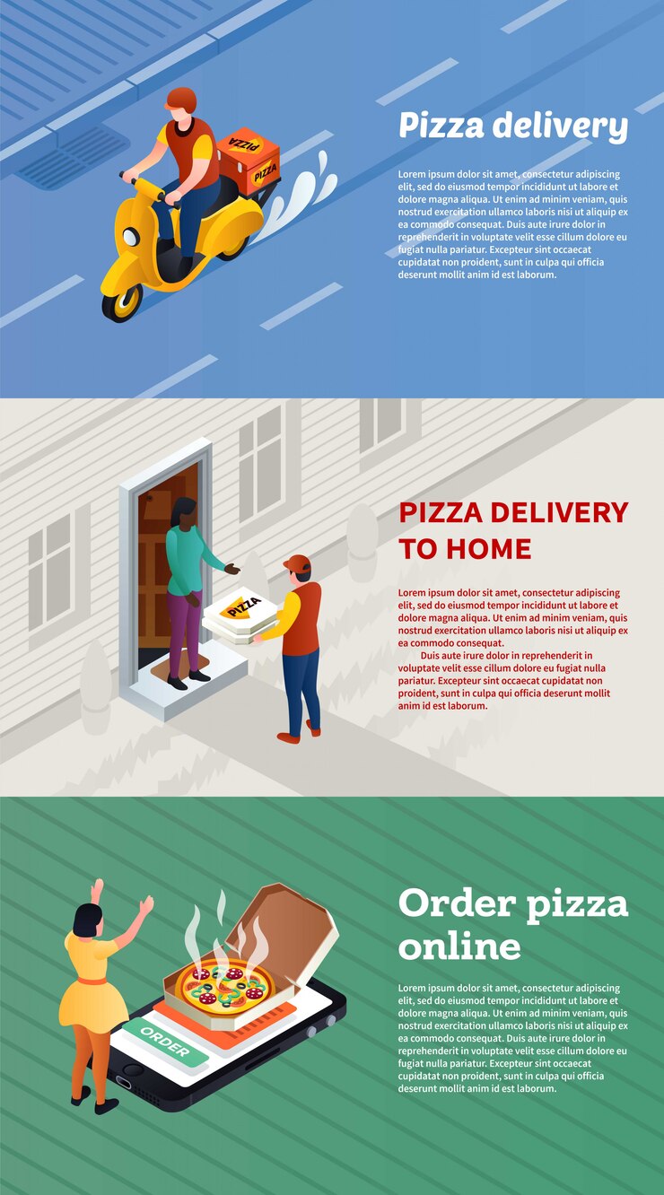 Vector pizza de reparto conjunto de banner, estilo isométrico.