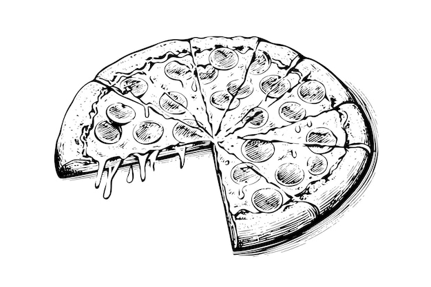 Pizza en rodajas boceto dibujado a mano estilo grabado ilustración vectorial