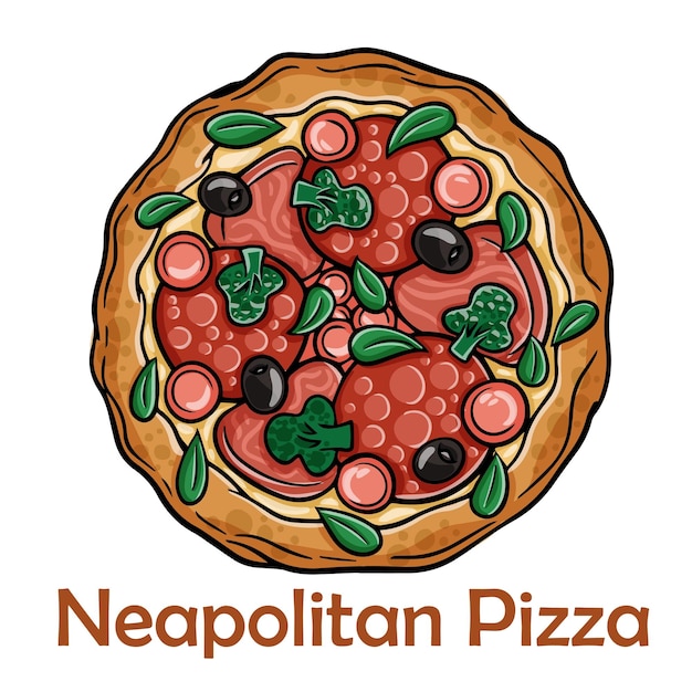 Vector pizza con salami, jamón, salchichas de viena, aceitunas kalamata, brócoli, pelati, pesto, pizza redonda napolitana sobre fondo blanco.