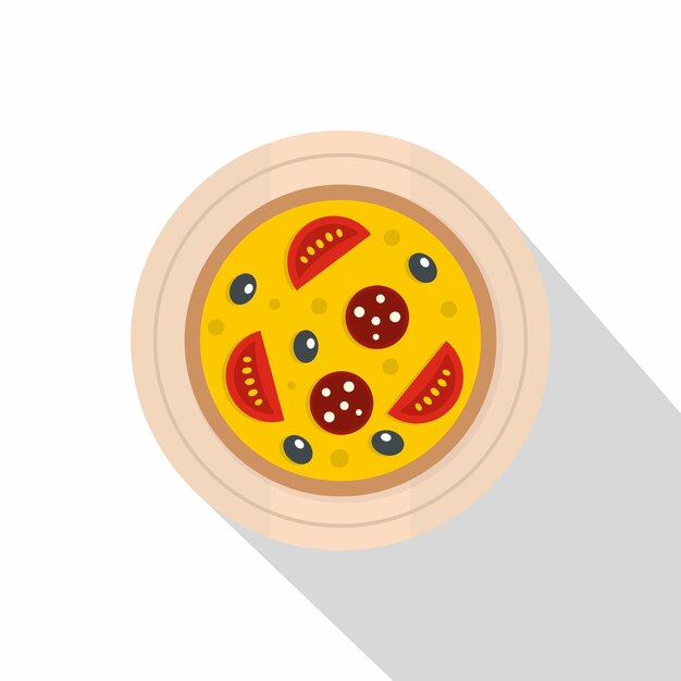 Pizza con salchichas, tomates y aceitunas en un icono de tablero redondo. Ilustración plana de pizza con salchichas, tomates y aceitunas en un icono de vector de tablero redondo para web aislado sobre fondo blanco