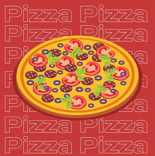 Vector una pizza con tomates y aceitunas sobre un fondo rojo.