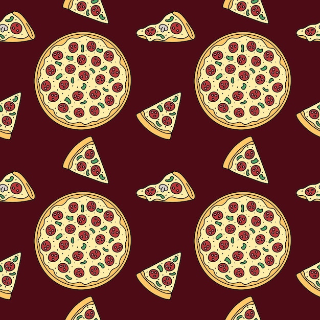 Vector pizza vector patrón sin costuras fondo de comida rápida esquema dibujado a mano repetir ilustración