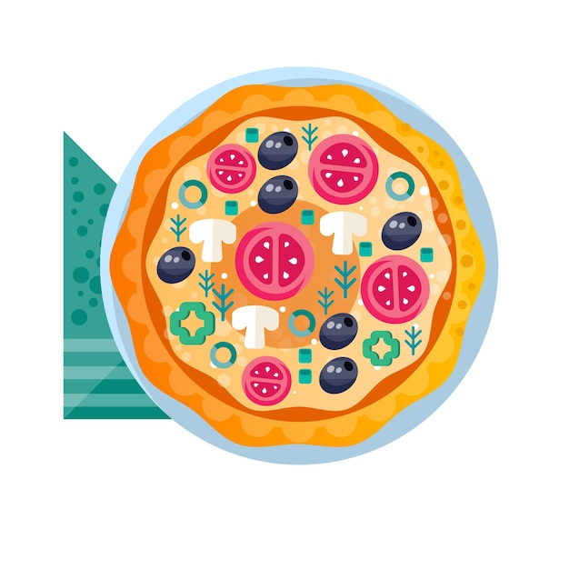 Pizza vegetariana deliciosa y caliente entera con tomates, champiñones, aceitunas y pimiento verde, vector ilustración aislada sobre fondo blanco