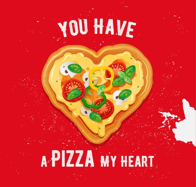 Pizza vegetariana en forma de corazón con ingredientes de queso, tomate, pimientos y champiñones. Vector de San Valentín con comida rápida italiana
