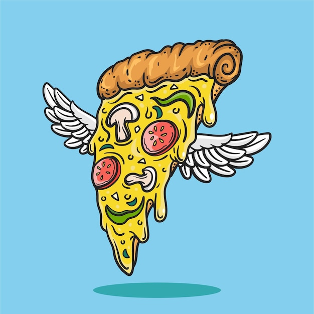 Pizza voladora con alas de ilustración de vector de dibujos animados de pizza.