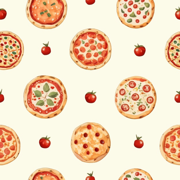 Pizzas de patrones sin fisuras con tomates con una ilustración de estilo acuarela vintage