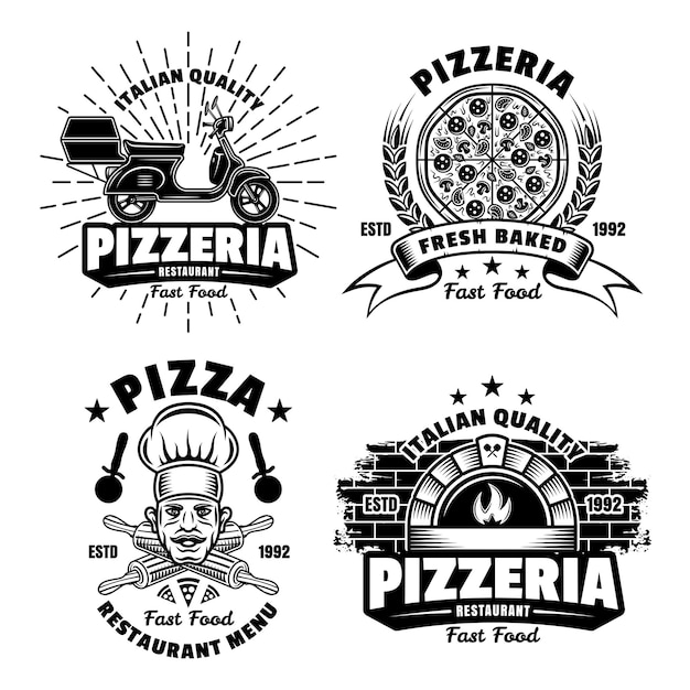 Pizzería conjunto de emblemas vectoriales insignias etiquetas o logotipos en estilo monocromo vintage aislado sobre fondo blanco