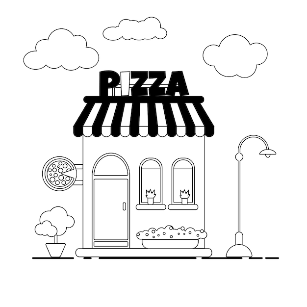 La pizzería más linda del café de la casa del esquema aislado plano