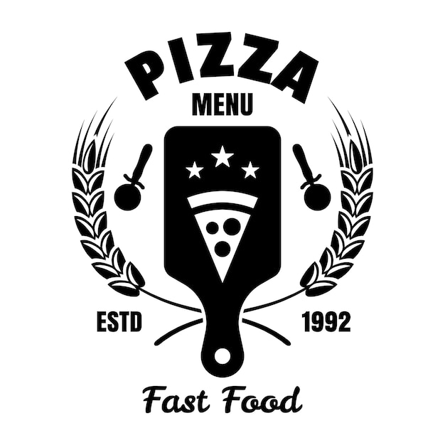 Vector pizzería vector emblema logo insignia o etiqueta estilo monocromo vintage aislado sobre fondo blanco