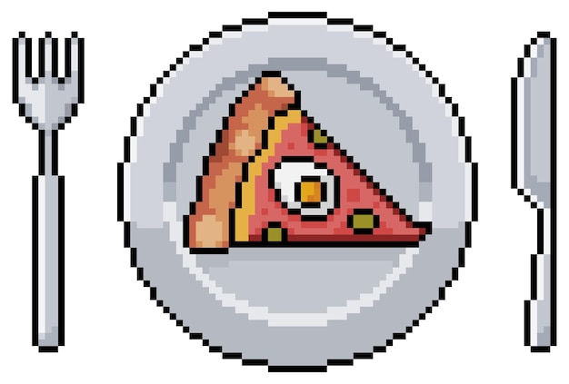 Vector placa de arte de píxeles con pizza portuguesa e icono de vector de cubiertos para juego de 8 bits sobre fondo blanco