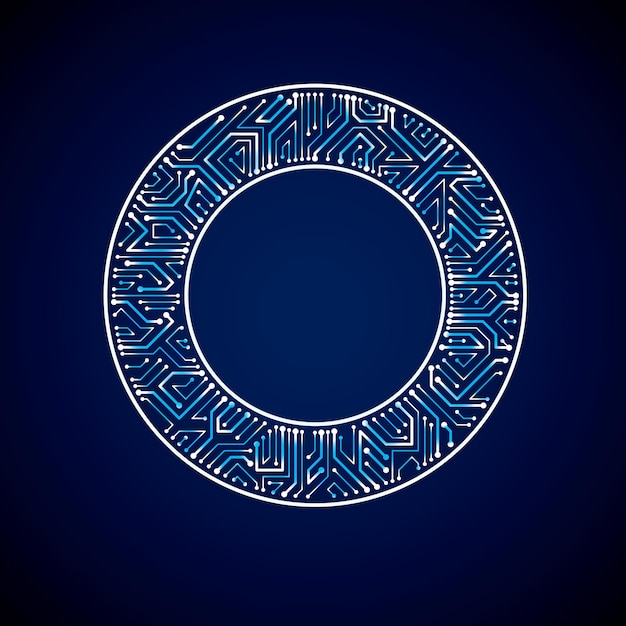 Placa de circuito azul luminiscente redonda con componentes electrónicos de dispositivo tecnológico. Abstracción de vector cibernético de placa base de computadora con efecto flash.