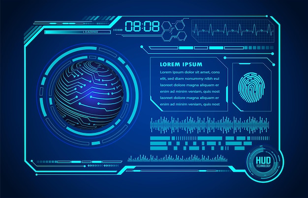 placa de circuito binario mundial tecnología futura fondo azul del concepto de seguridad cibernética de hud