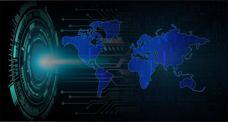Vector placa de circuito binario mundial tecnología futura fondo azul del concepto de seguridad cibernética de hud