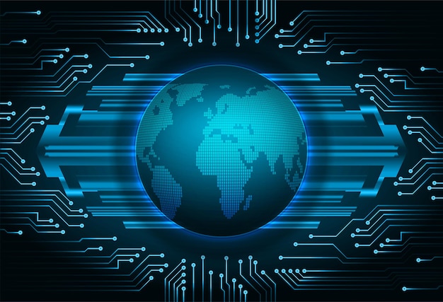 placa de circuito binario mundial tecnología futura fondo azul del concepto de seguridad cibernética de hud