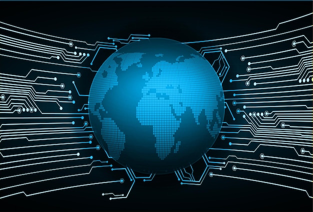 Placa de circuito binario mundial tecnología futura fondo de concepto de seguridad cibernética hud azul