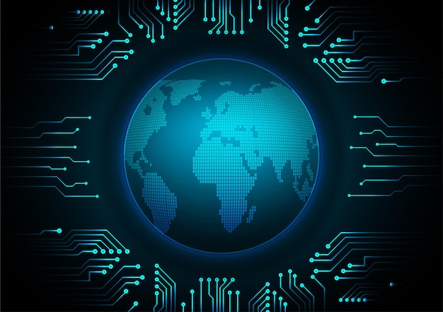Placa de circuito binario mundial tecnología futura fondo de concepto de seguridad cibernética hud azul