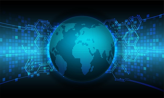 Placa de circuito binario mundial tecnología futura fondo de concepto de seguridad cibernética hud azul