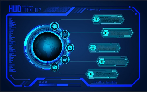 placa de circuito binario tecnología futura, fondo azul del concepto de seguridad cibernética de hud,