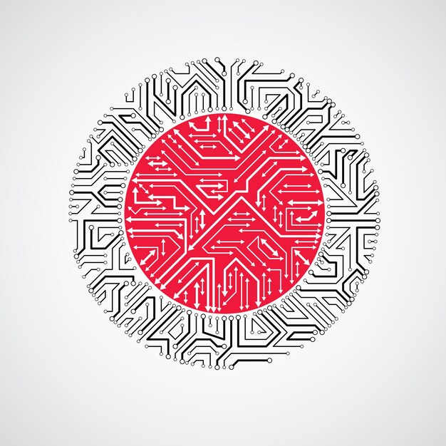 Placa de circuito de computadora abstracta vectorial ilustración roja y negra, elemento de tecnología redondo con conexiones y flechas. Diseño web de tema electrónico.