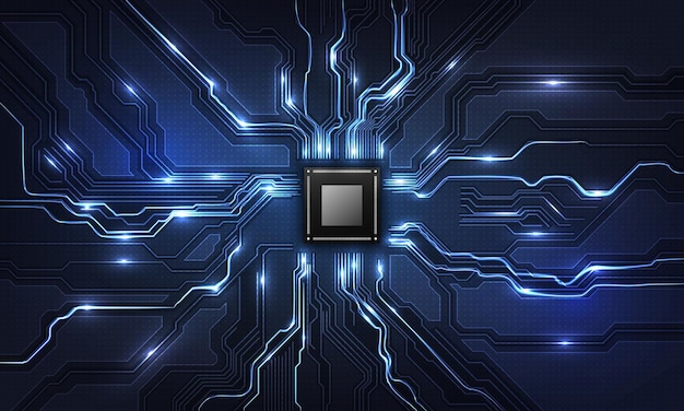 Placa de circuito de fondo de procesador de chip de tecnología abstracta y código html ilustración 3d vector de fondo de tecnología azul