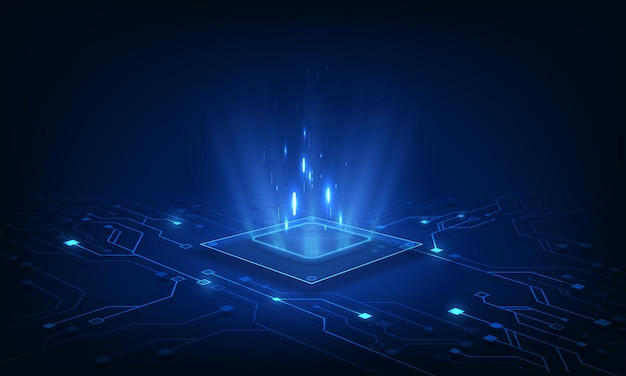Placa de circuito de fondo de procesador de chip de tecnología abstracta y código html Ilustración 3D vector de fondo de tecnología azul
